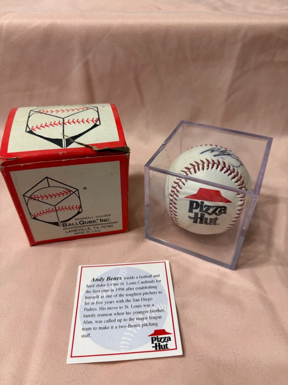 Signed by Andy Benes this Pizza Hut Logo Baseball in Display Cube